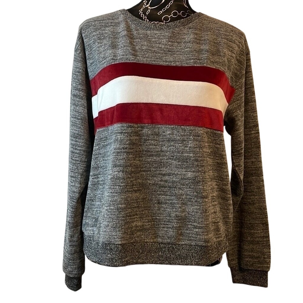 Crewneck Sweatshirt Gray Red White Striped Pullover Casual‎ Top